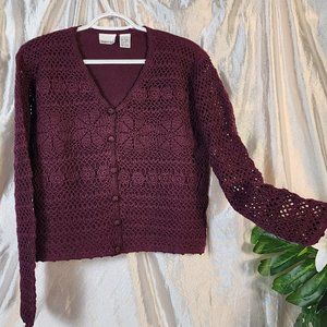 Women's Newport News size Large Cranberry Crochet Cardigan Sweater